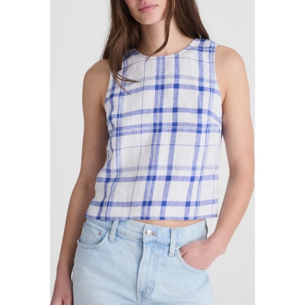 Madewell Blue White Plaid Tie Back Cropped Linen Top OA392 Small NWT $88